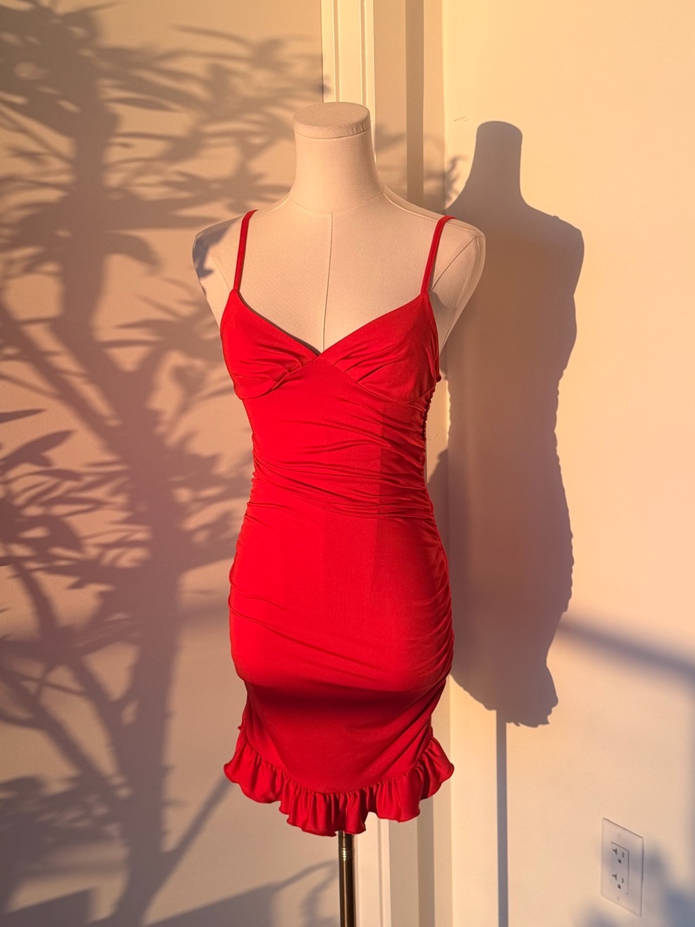Red Ruched Ruffle-Hem Spaghetti Strap Mini Dress
